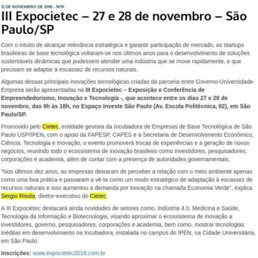 III Expocietec – 27 e 28 de novembro – São Paulo/SP – IndustriAtividade