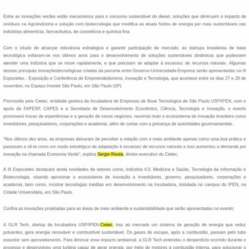 Tecnologias inovadoras para as áreas de Meio Ambiente e Sustentabilidade são apresentadas na Expocietec 2018 – SEGS