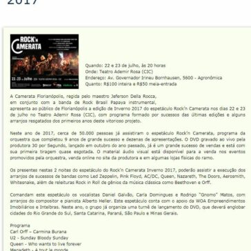 Rock’n Camerata Edição de Inverno 2017- Calendário Floripa