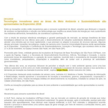 Tecnologias inovadoras para as áreas de Meio Ambiente e Sustentabilidade são apresentadas na Expocietec 2018 – Feiras do Brasil