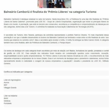Balneário Camboriú é finalista do ‘Prêmio Líderes’ na categoria Turismo -Jornal dos bairros (On-line)