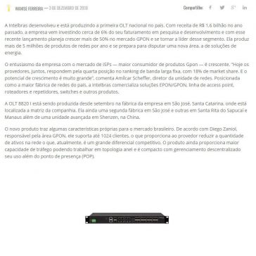 Intelbras desenvolve e produz primeira OLT GPON com tecnologia nacional- Ponto ISP
