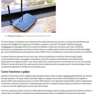 Novo ataque a roteadores pode roubar dados bancários de brasileiros-Portal Paraíba Já