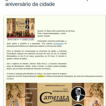 Camerata Florianópolis faz concerto gratuito na Catedral em comemoração ao aniversário da cidade- Calendário Floripa