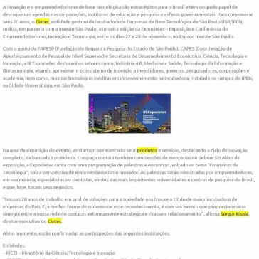 III Expocietec reúne startups de base tecnológica e apresenta fronteiras da inovação no Brasil – Agência USP de Inovação