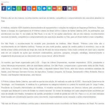 Intelbras é ganhadora dos prêmios Líderes do Brasil 2018 e Líderes de Santa Catarina -SEGS