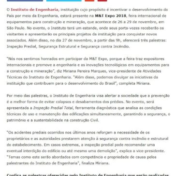 Instituto de Engenharia participa da M&T Expo 2018 – Tecnologia de Materiais