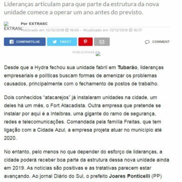 Tubarão deverá ter a Intelbras já em 2019 – ExtraSC
