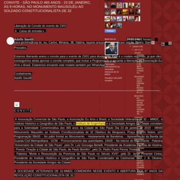 CONVITE – SÃO PAULO 465 ANOS – 23 DE JANEIRO, ÀS 9 HORAS, NO MONUMENTO MAUSOLÉU AO SOLDADO CONSTITUCIONALISTA DE 32- Memórias do Ventura