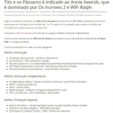 Tito e os Pássaros é indicado ao Annie Awards, que é dominado por Os Incríveis 2 e WiFi Ralph – Arroba Nerd