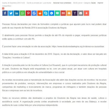 Doutores Da Alegria Podem Receber Doações De Pessoas Físicas E Jurídicas Por Meio Da Declaração Do Imposto De Renda 2018 – SEGS