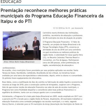 Premiação reconhece melhores práticas municipais do Programa Educação financeira da Itaipu e do PTI  – O Paraná
