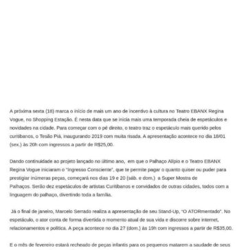 Teatro EBANX Regina Vogue inaugura a temporada de 2019 com Tesão Piá, Marcelo Serrado e Super Mostra de Palhaços – Caderno Informativo