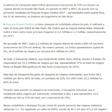 Primeiros resultados da Pesquisa Origem Destino 2017 são apresentados pelo Metrô- Mobilidade Sampa