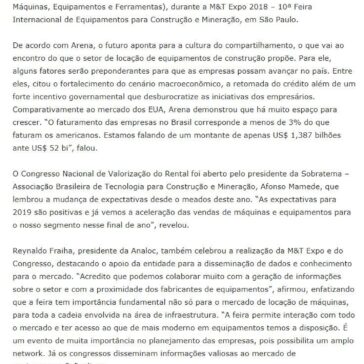 Se PIB crescer 2% em 2019 pode faltar máquinas para construção, alertou palestrante na M&T Expo- Tecnologia de Materiais
