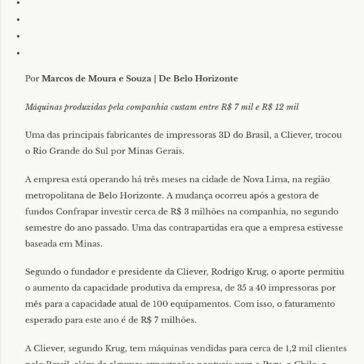 Gestora de fundos leva impressão 3D a Minas Gerais -Clipping Midialink