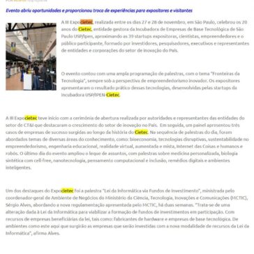 Troca de conhecimentos e geração de negócios marcaram a III Expocietec Agência -USP de Notícias