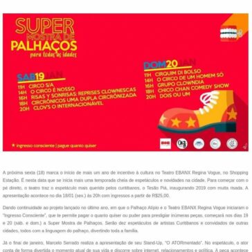 Teatro EBANX Regina Vogue inaugura a temporada de 2019 com Tesão Piá, Marcelo Serrado e Super Mostra de Palhaços – SEGS