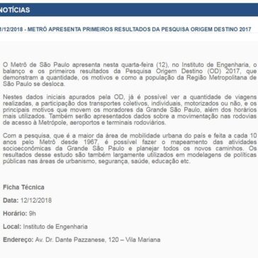 Metrô apresenta primeiros resultados da Pesquisa Origem Destino 2017 -Portal Metrô SP