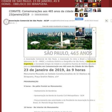 CONVITE – COMEMORAÇÕES AOS 465 ANOS DA CIDADE DE SÃO PAULO, 23 DE JANEIRO, ÀS 9 HORAS – OBELISCO DO IBIRAPUERA. -Memórias do Ventura