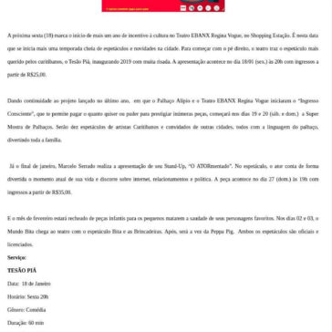 Teatro EBANX Regina Vogue inaugura a temporada de 2019 com Tesão Piá, Marcelo Serrado e Super Mostra de Palhaços – Rita Vaz