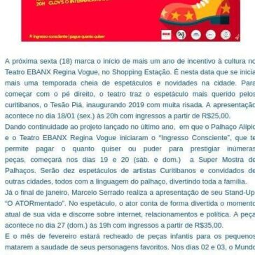 Teatro EBANX Regina Vogue inaugura a temporada de 2019 com Tesão Piá, Marcelo Serrado e Super Mostra de Palhaços – Blog do Patrício Nunes
