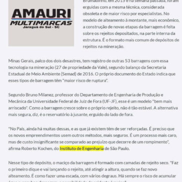 Barragens que ruíram em Brumadinho e Mariana tinham modelo ultrapassado-Jaraguá AM