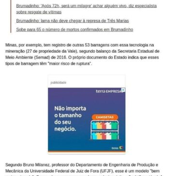 Brumadinho: barragem era do mesmo tipo obsoleto que Mariana- Terra