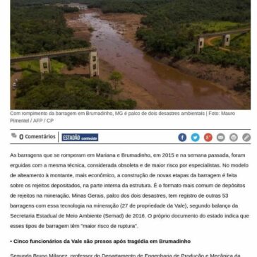 Barragens de Brumadinho e Mariana tinham modelo ultrapassado, diz balanço de 2016- Correio do Povo (On-line)