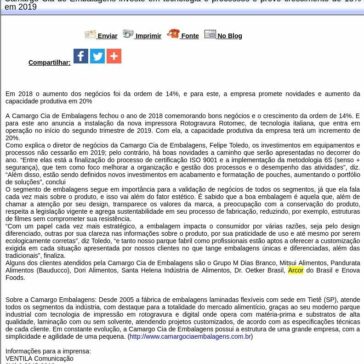 Camargo Cia de Embalagens investe em tecnologia e processos e prevê crescimento de 18% em 2019 – Difundir