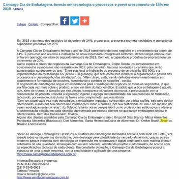 Camargo Cia de Embalagens investe em tecnologia e processos e prevê crescimento de 18% em 2019 – JorNow