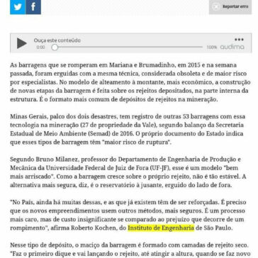 Barragens que ruíram em Brumadinho e Mariana tinham modelo ultrapassado- Meon