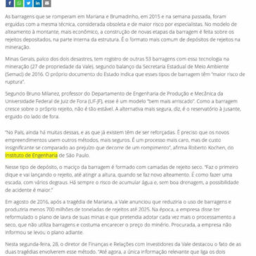 Barragens que ruíram em Brumadinho e Mariana tinham modelo ultrapassado- Isto É (On-line)