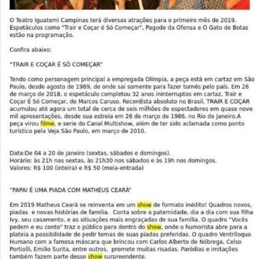 Confira programação do Teatro Iguatemi em janeiro – Paulínia VIP