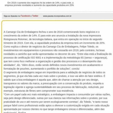 Camargo Cia de Embalagens investe em tecnologia e processos e prevê crescimento de 18% em 2019 Pauta