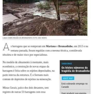 Barragens que ruíram em Brumadinho e Mariana tinham modelo ultrapassado- Época Negócios (Online)