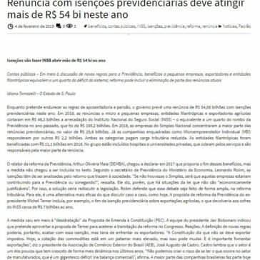 Renúncia com isenções previdenciárias deve atingir mais de R$ 54 bi neste ano- PPS 23
