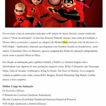 Annie Awards 2019: revelada lista de animações indicadas – As Notícias