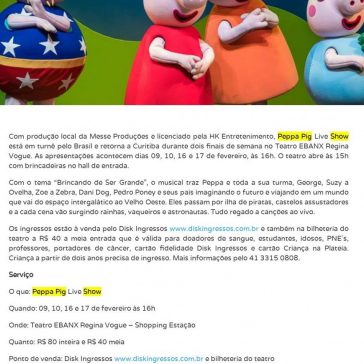 Peppa Pig Live Show retorna a Curitiba – Hashtag Curitiba