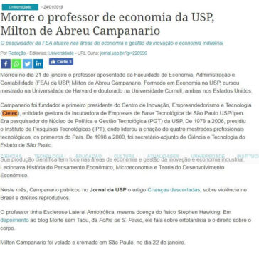Morre o professor de economia da USP, Milton de Abreu Campanario -Jornal da USP