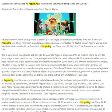 Espetáculos licenciados de Peppa Pig e Mundo Bita voltam em temporada em Curitiba – Correio de Notícias