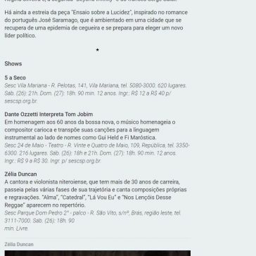 Sábado tem show da banda 5 a Seco e estreia da peça ‘Ensaio sobre a Lucidez’ – Folha de S. Paulo