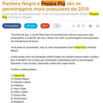 Pantera Negra e Peppa Pig são os personagens mais populares de 2018 – 180 graus