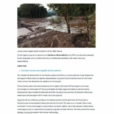 Barragens que ruíram em Brumadinho e Mariana tinham modelo ultrapassado- 40 Graus Alagoas