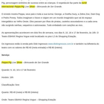 Peppa Pig chega a Curitiba com o espetáculo Brincando de Ser Grande – Caderno Informativo