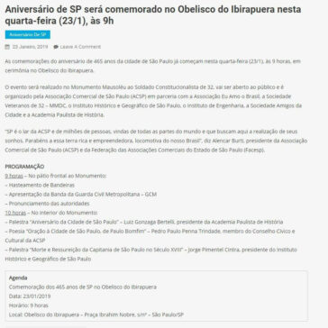 Aniversário de SP será comemorado no Obelisco do Ibirapuera nesta quarta-feira (23/1), às 9h- Agito SP