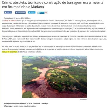 Crime: obsoleta, técnica de construção de barragem era a mesma em Brumadinho e Mariana -Diário do Centro do Mundo