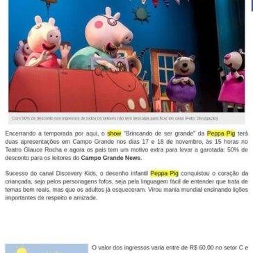 Espetáculo Peppa Pig tem 50% de desconto para leitores do Campo Grande News – Campo Grande News