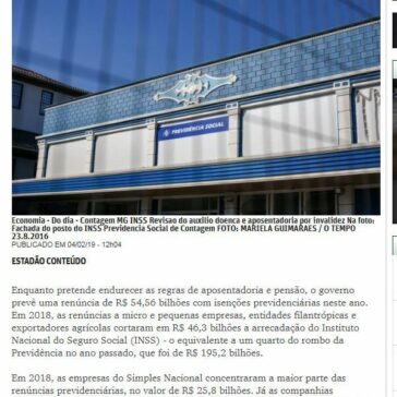 Renúncias previdenciárias vão tirar R$ 54 bilhões dos cofres do INSS -O Tempo (On-line)