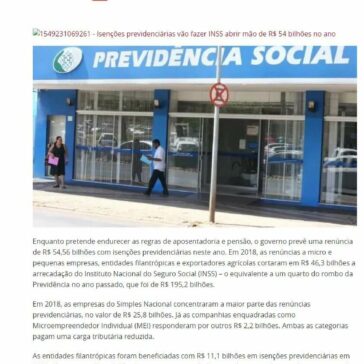 Isenções previdenciárias vão fazer INSS abrir mão de R$ 54 bilhões no ano- Polêmica Paraíba
